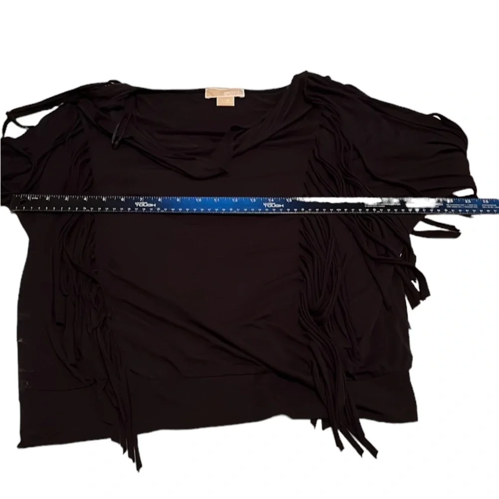 Micheal Kors size large black 3/4 sleeve fringe top ,draped neckline  banded hem